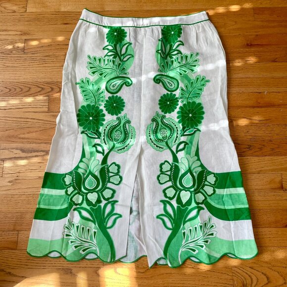NWT FARM Rio Green and White Floral Linen Midi Skirt - Picture 5 of 10